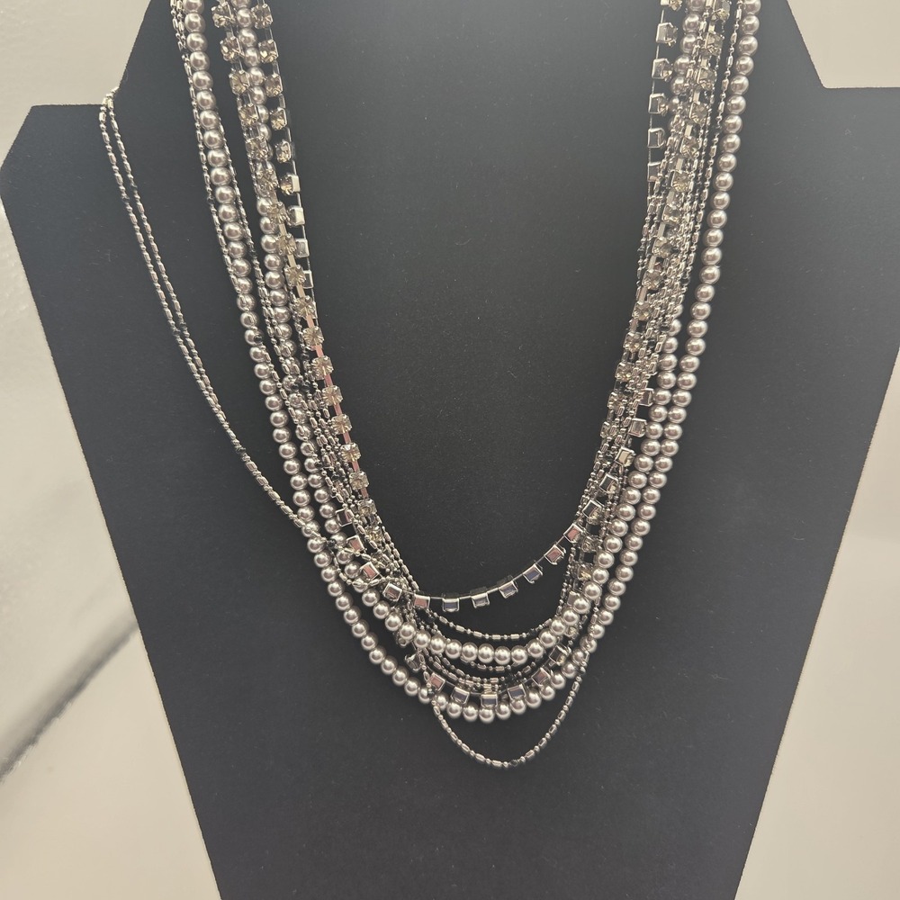 Multi-Strand Beaded Rhinestone Magnetic Necklace Silver Tone VTG